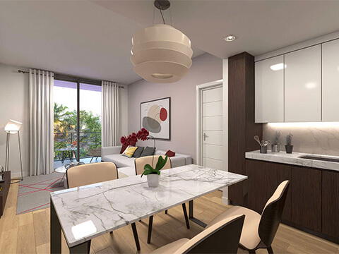 Modern dining, kitchen and living area at Roble One Coconut Grove with marble table and contemporary interior design
