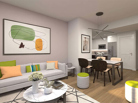 Modern living and dining interior at Roble One Coconut Grove Miami with colorful accents and open kitchen