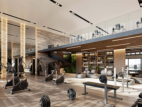 Luxury fitness center with modern equipment at Shoma Bay in North Bay Village