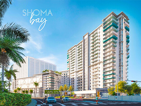 Luxury residential tower exterior at Shoma Bay in North Bay Village
