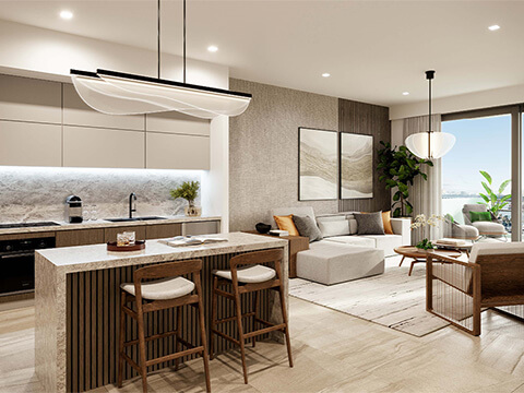 Modern residence living room and kitchen at Shoma Bay in North Bay Village