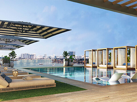 Waterfront pool and private cabanas at Shoma Bay in North Bay Village