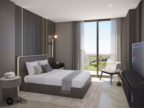 Modern bedroom at Smart Brickell Luxe Tower III with balcony access, designer lighting, and tranquil city views