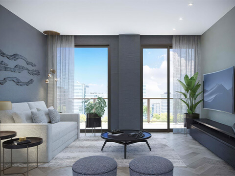 Bright living room interior at Smart Brickell Luxe Tower III with balcony views, contemporary decor, and wall-mounted TV