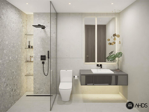 Minimalist bathroom at Smart Brickell Luxe Tower III with glass shower, floating vanity, and contemporary finishes