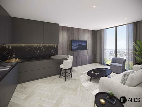 Modern studio kitchen and living area at Smart Brickell Luxe Tower III with dark cabinetry and floor-to-ceiling windows