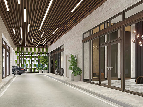 Modern arrival drop-off and lobby entrance at Smart Brickell Miami Tower II with sleek architectural finishes