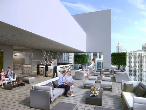 Rooftop lounge terrace at Smart Brickell Miami Tower II with outdoor seating and Miami skyline views