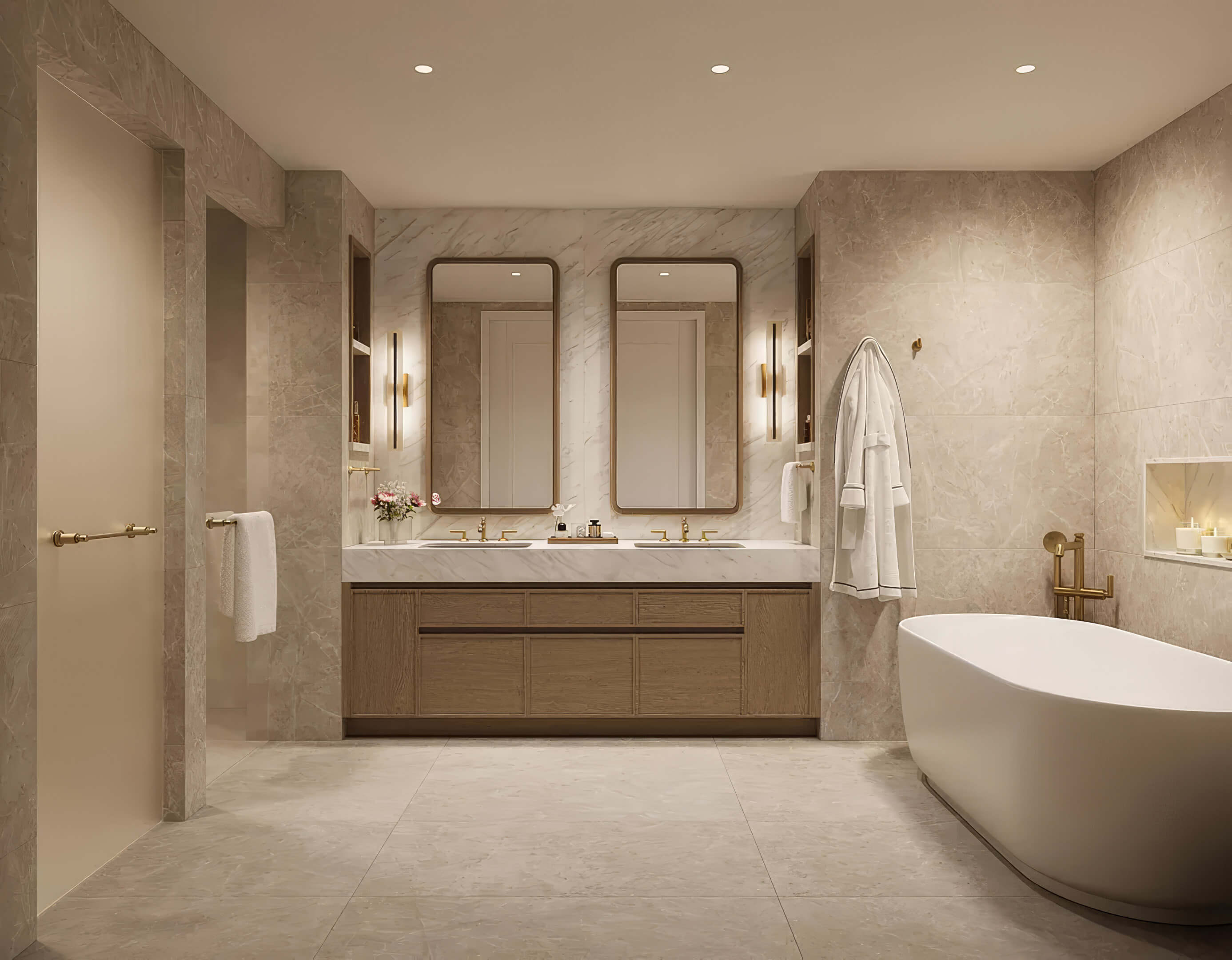 Bathroom with a floating double vanity, twin mirrors and a freestanding tub at St Regis Residences Bahia Mar