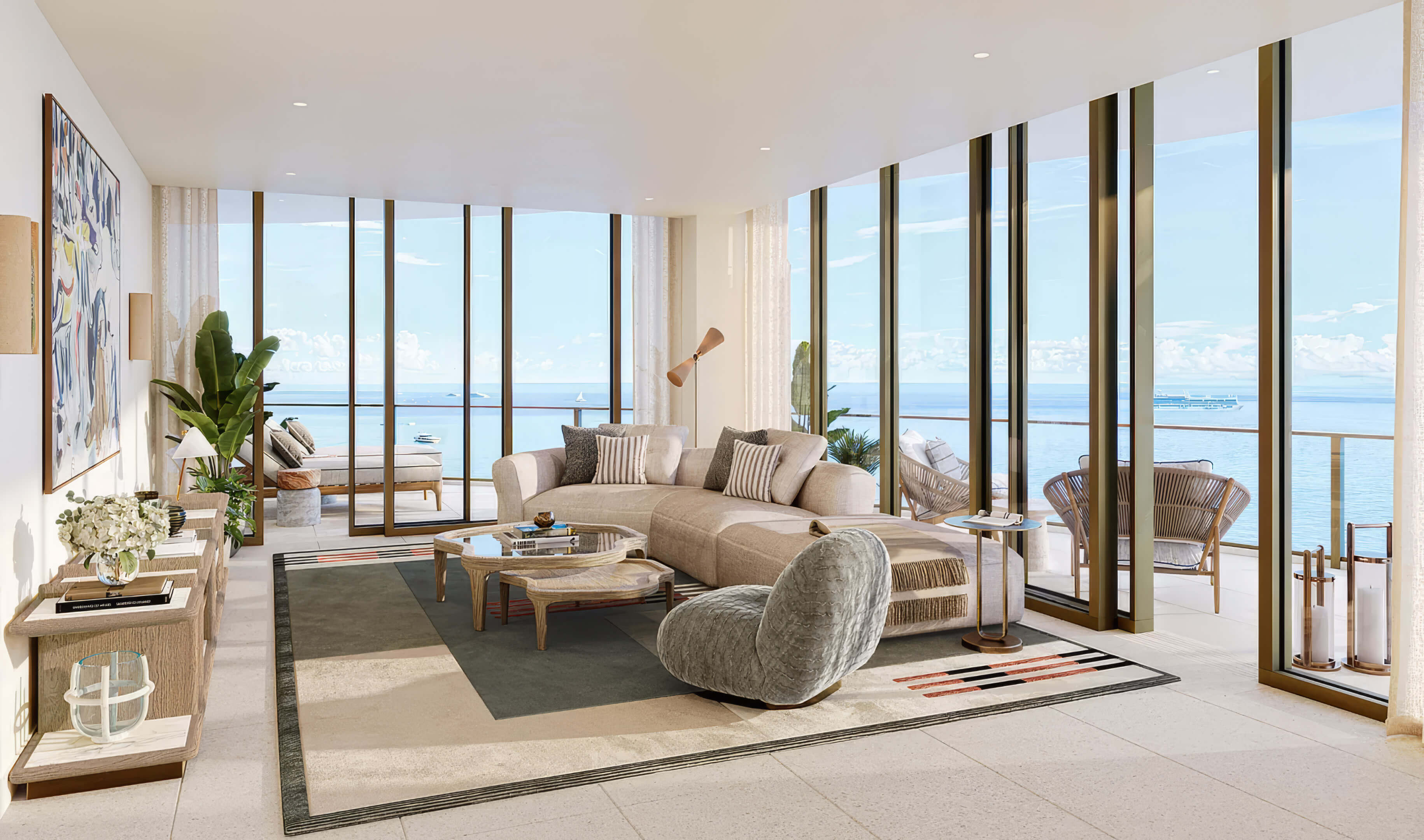 Corner living room with a sofa, sculptural armchair and ocean views at St Regis Residences Bahia Mar