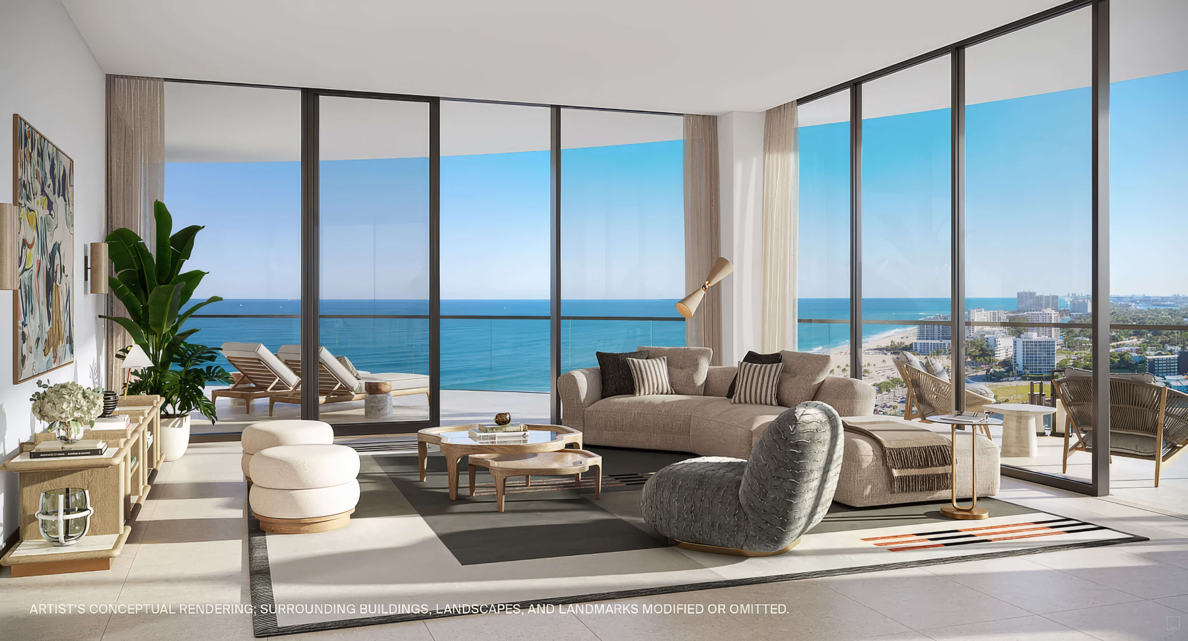Living room with wraparound windows, balcony access and coastal views at St Regis Residences Bahia Mar