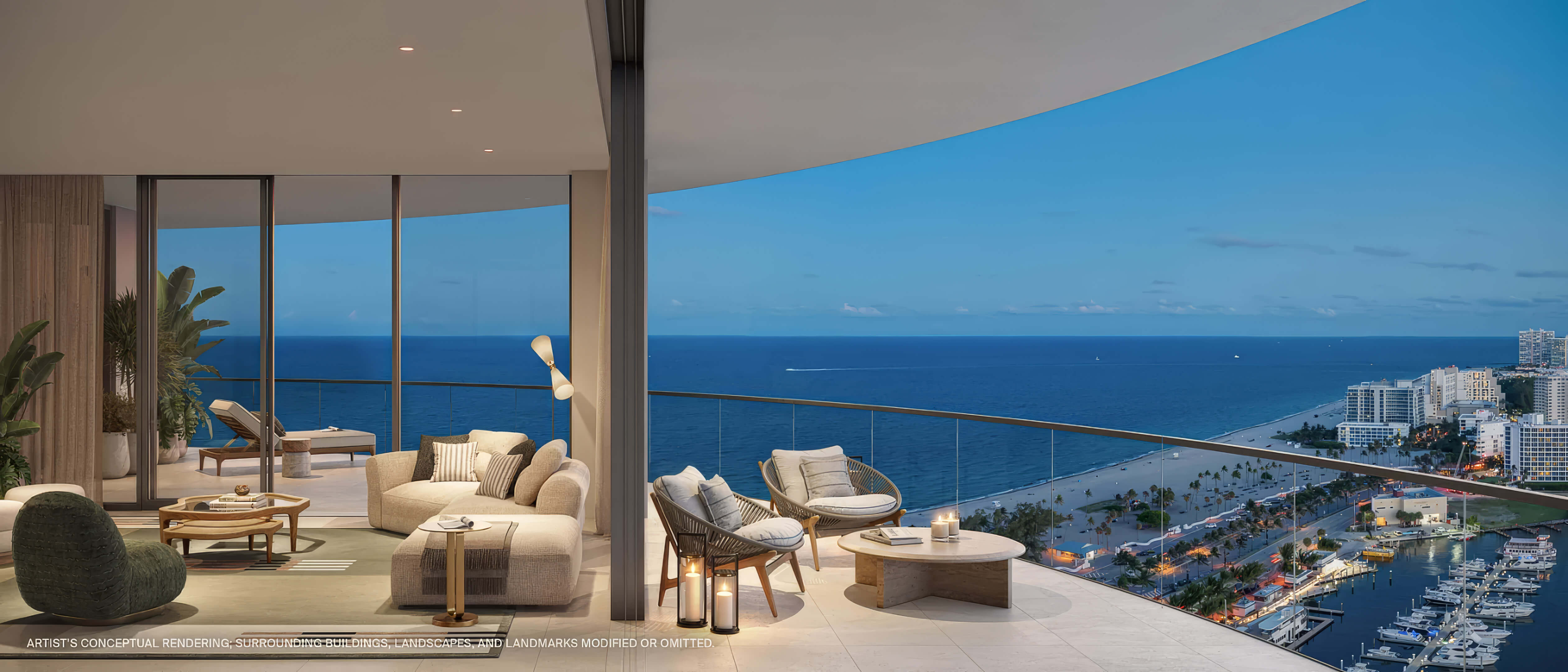 Balcony at dusk with lounge seating and sweeping ocean and coastline views at St Regis Residences Bahia Mar