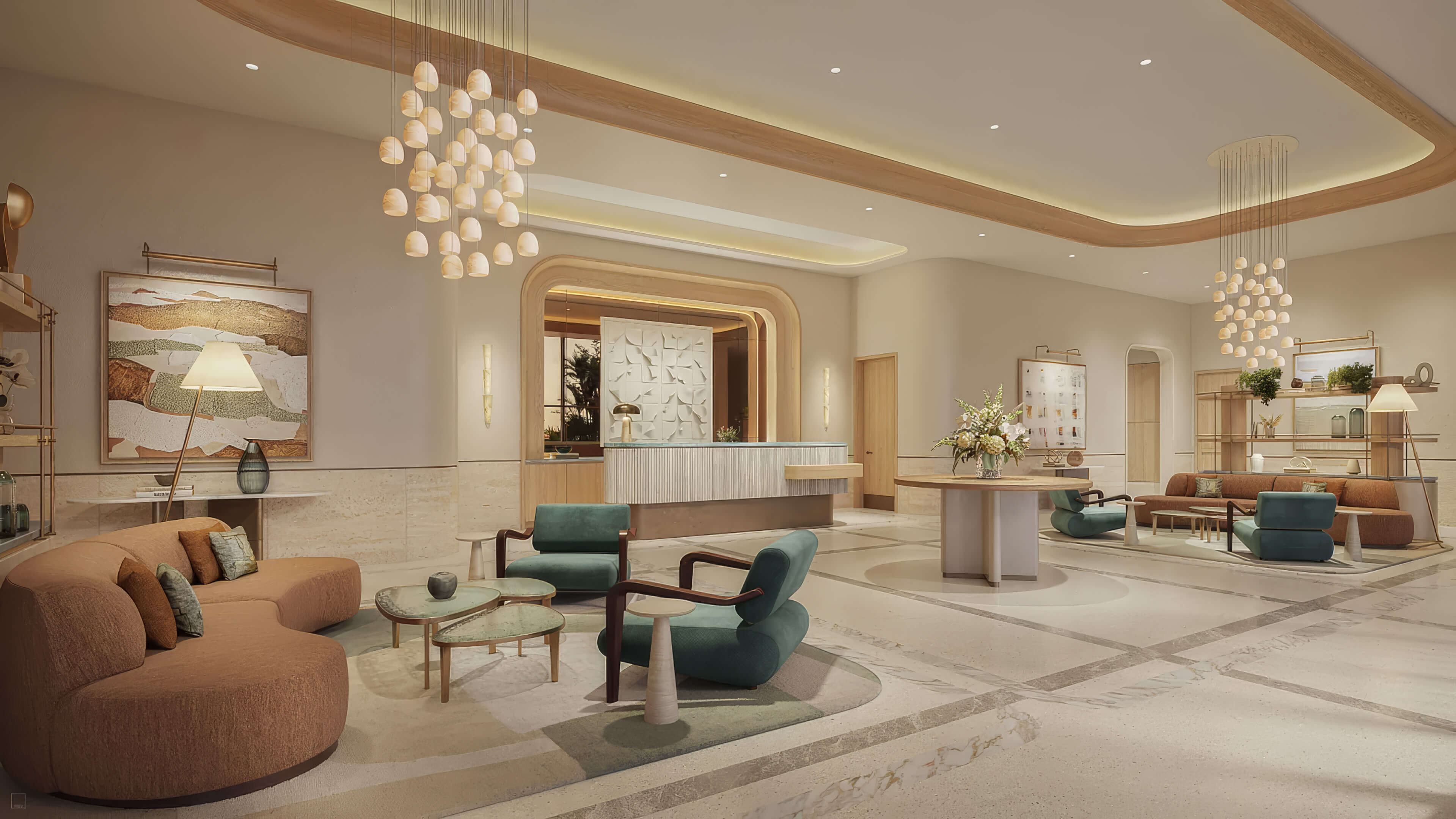 Arrival lobby with curved seating, green armchairs and pendant lights at St Regis Residences Bahia Mar