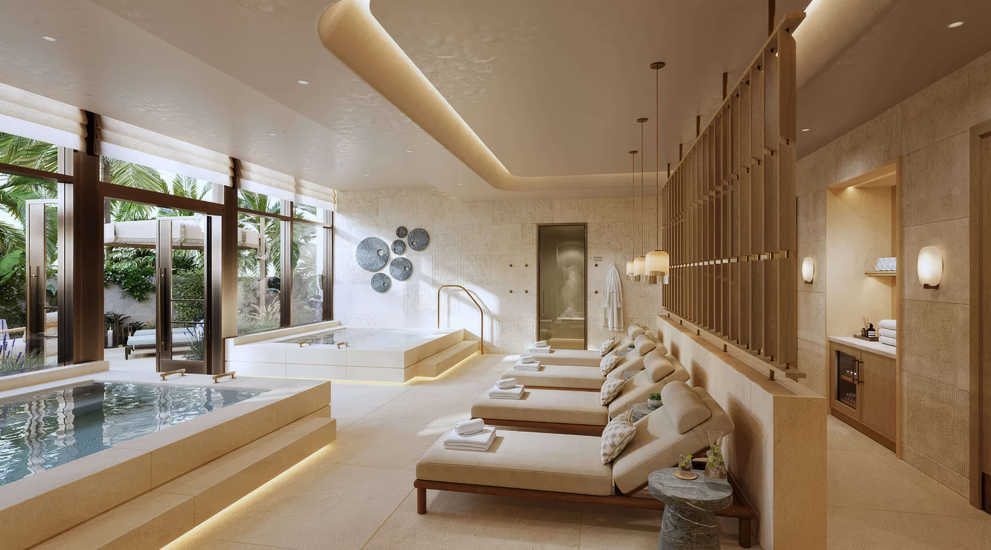 Spa with indoor pools, relaxation loungers and large garden-facing windows at St Regis Residences Bahia Mar