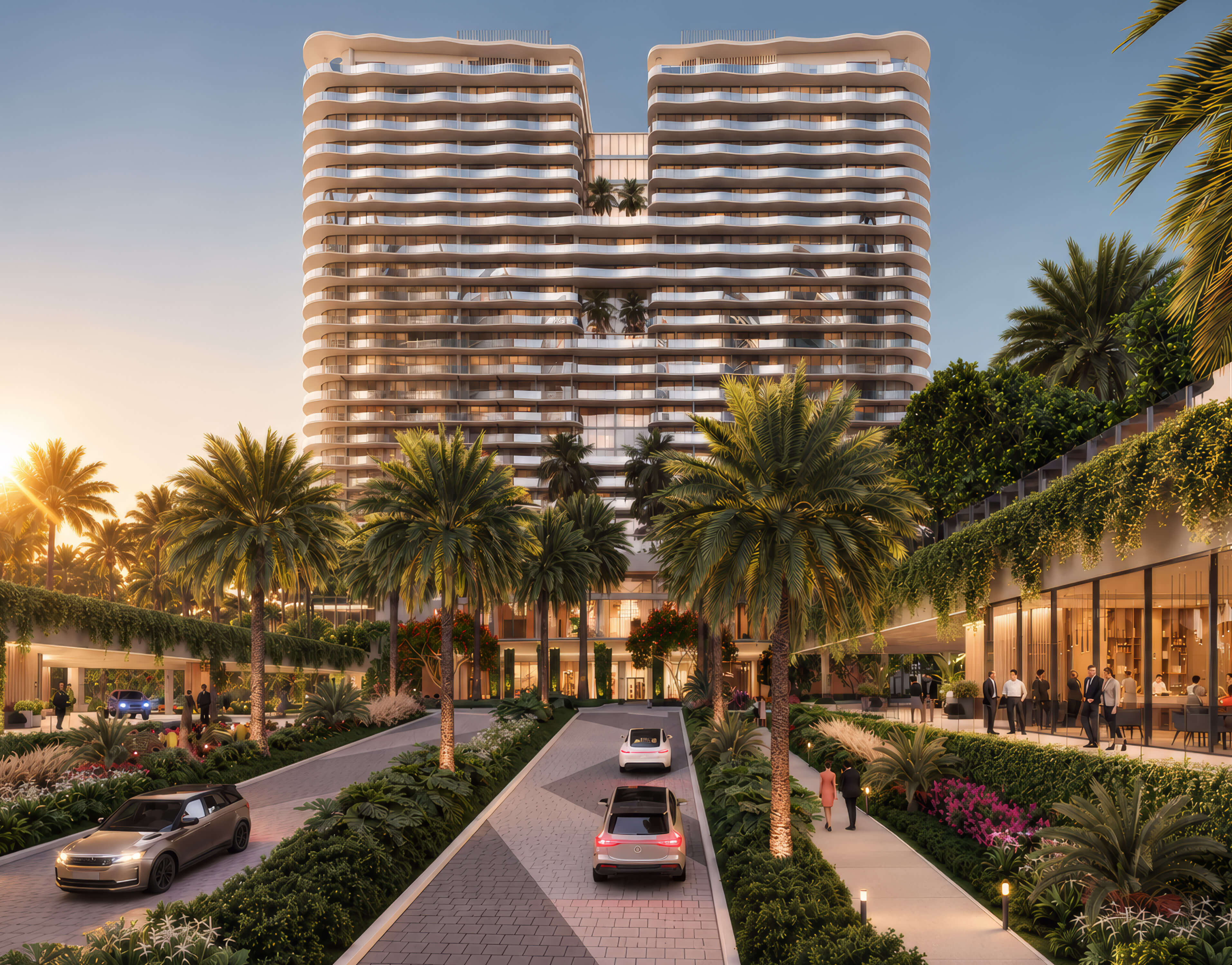Twin towers above a palm-lined arrival drive at sunset at St Regis Residences Bahia Mar