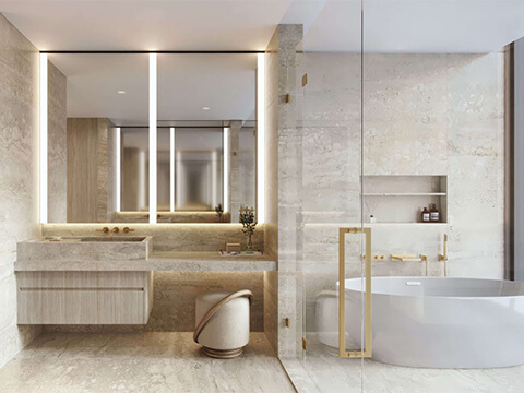 St Regis Brickell marble primary bathroom with a soaking tub