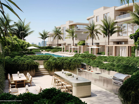 St Regis Brickell outdoor summer kitchen surrounded by tropical landscaping