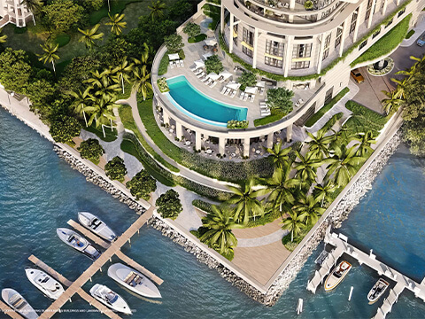 Aerial view of the St Regis Brickell waterfront marina and pool deck