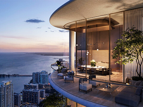 The Residences at 1428 Brickell Miami private terrace with panoramic bay views at dusk