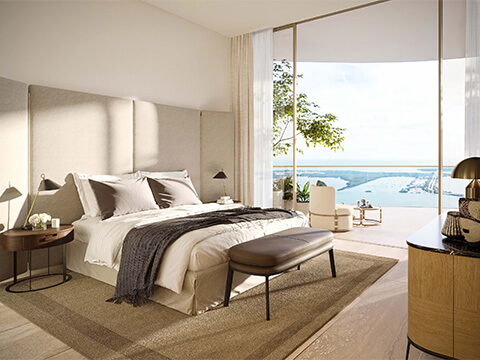 Primary bedroom at The Residences at 1428 Brickell with private terrace and panoramic bay views