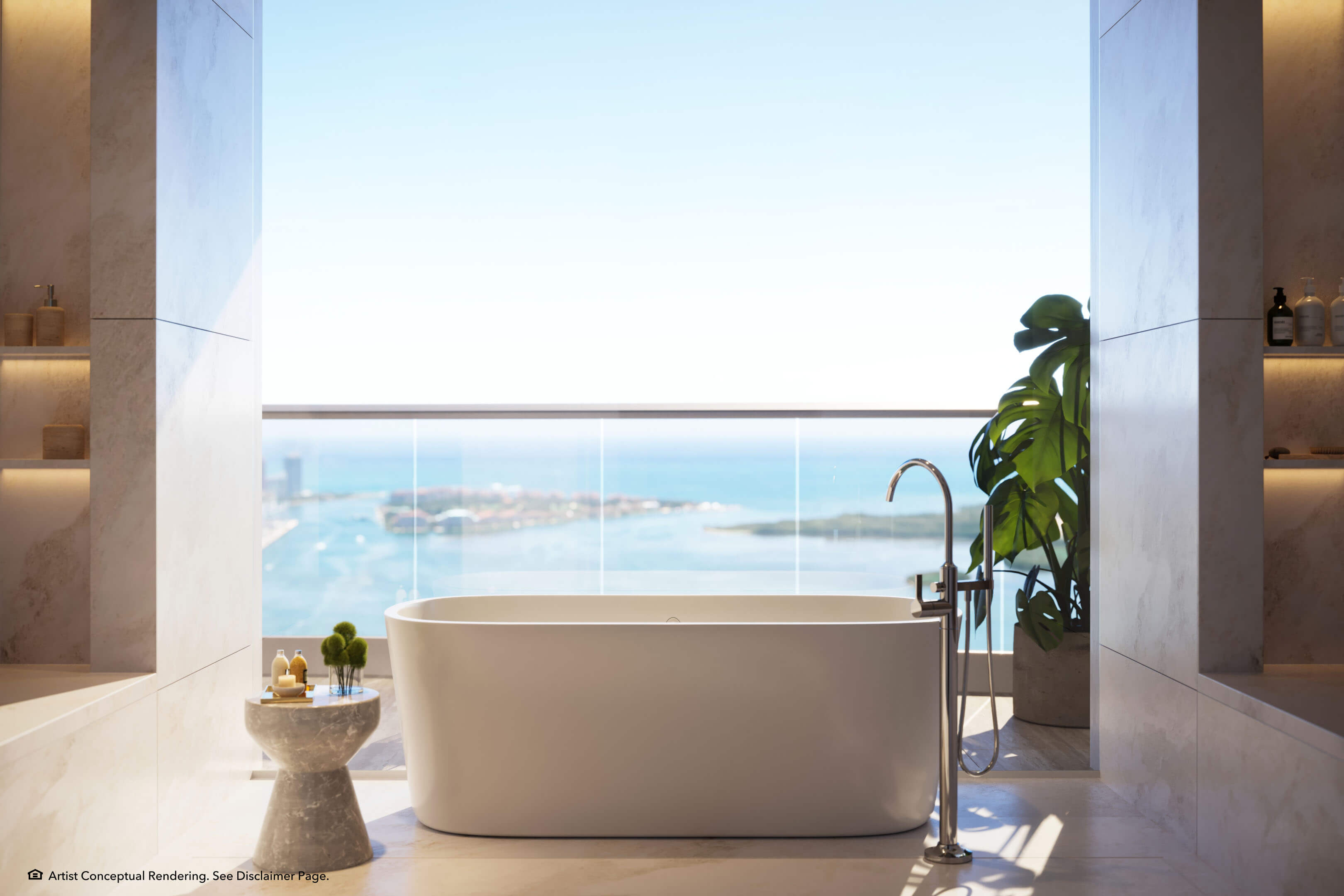 Freestanding bathtub at The Residences Mandarin Oriental overlooking panoramic bay views