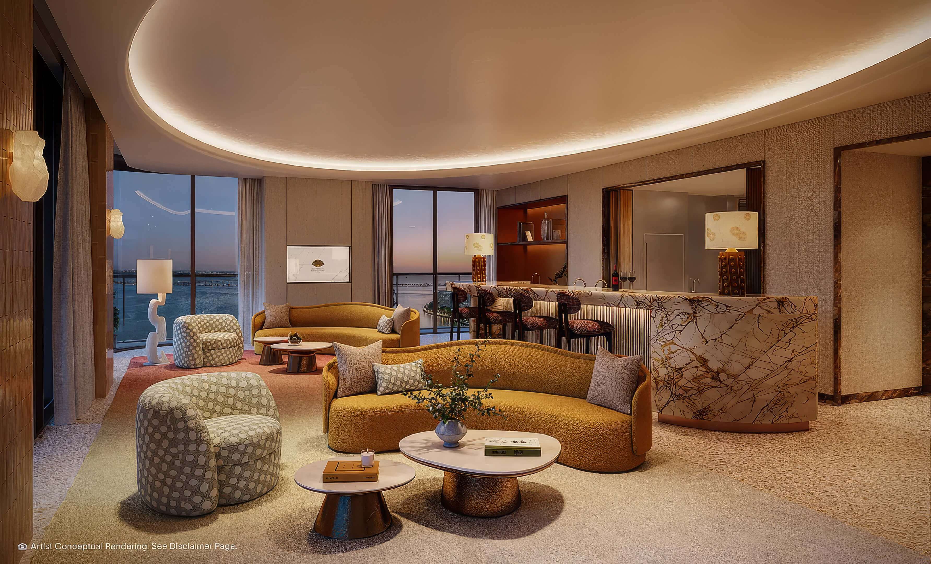 Elegant evening lounge at The Residences Mandarin Oriental with marble bar and waterfront views