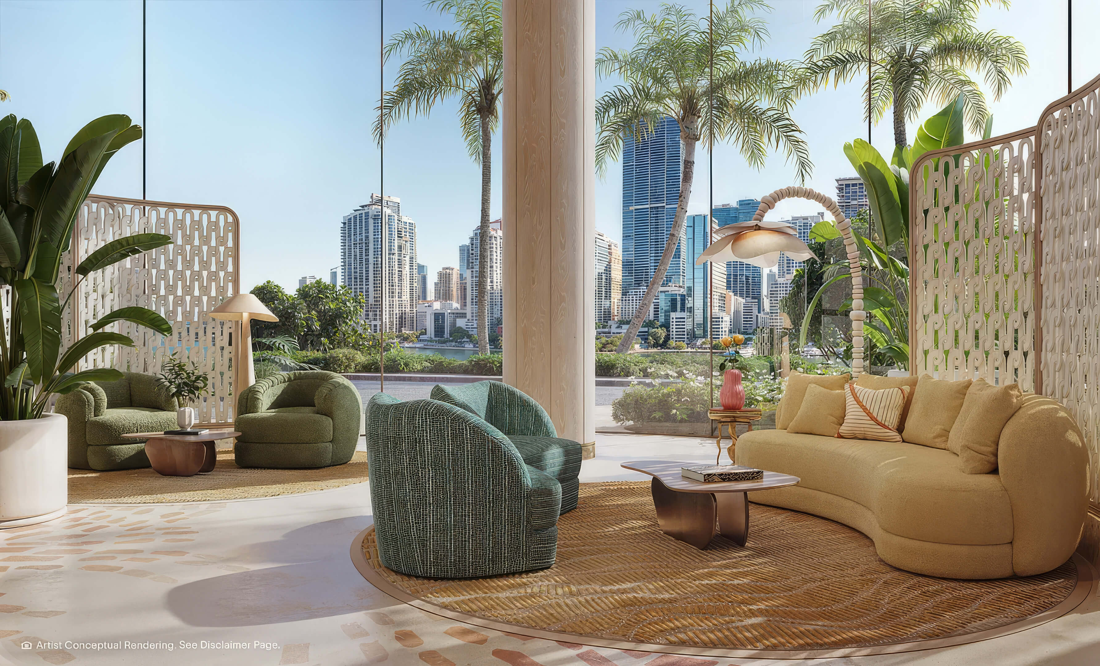 Elegant lounge at The Residences Mandarin Oriental with panoramic city skyline views
