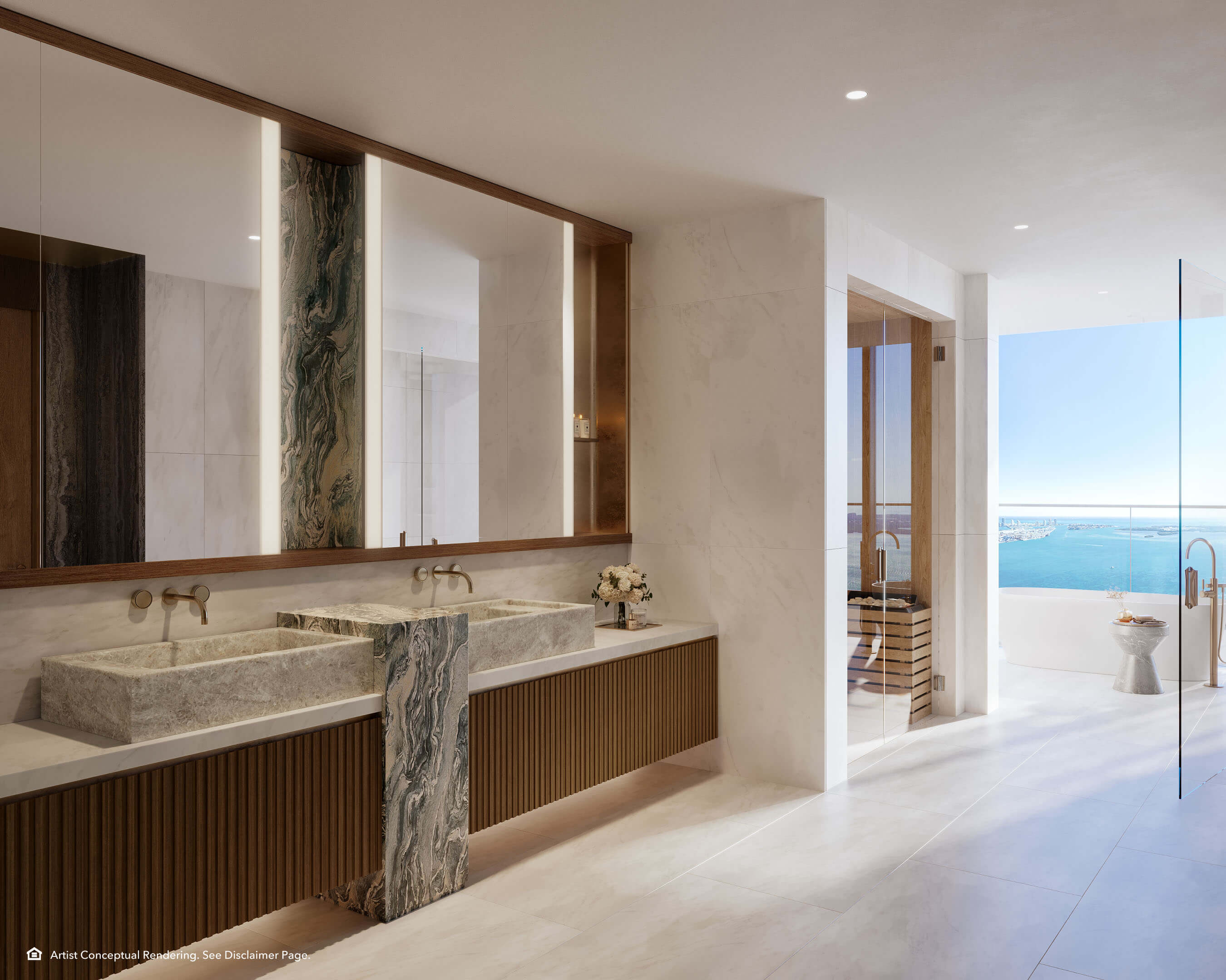 Luxury marble bathroom at The Residences Mandarin Oriental with expansive waterfront views