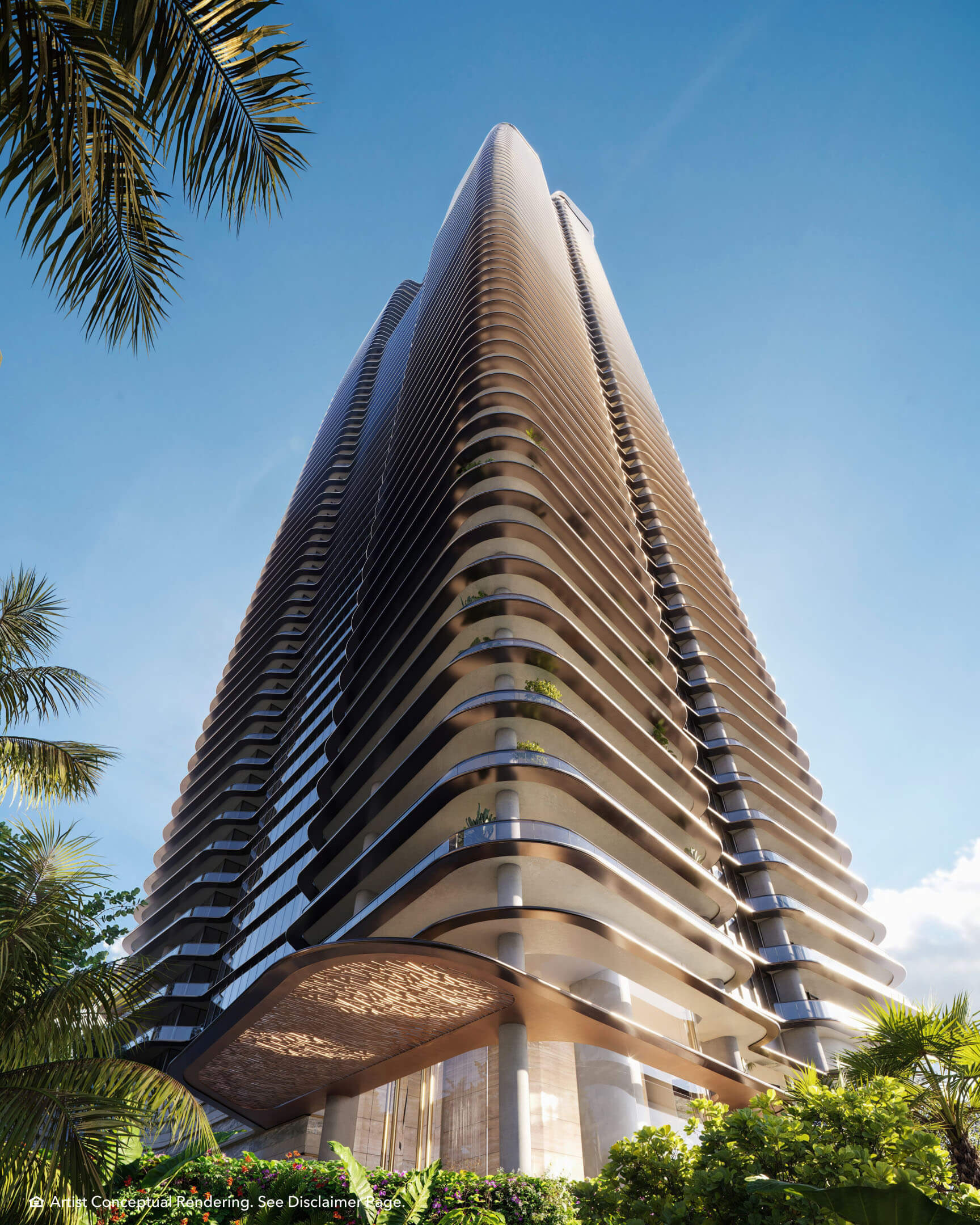 Luxury residential tower exterior at The Residences Mandarin Oriental with curved balconies