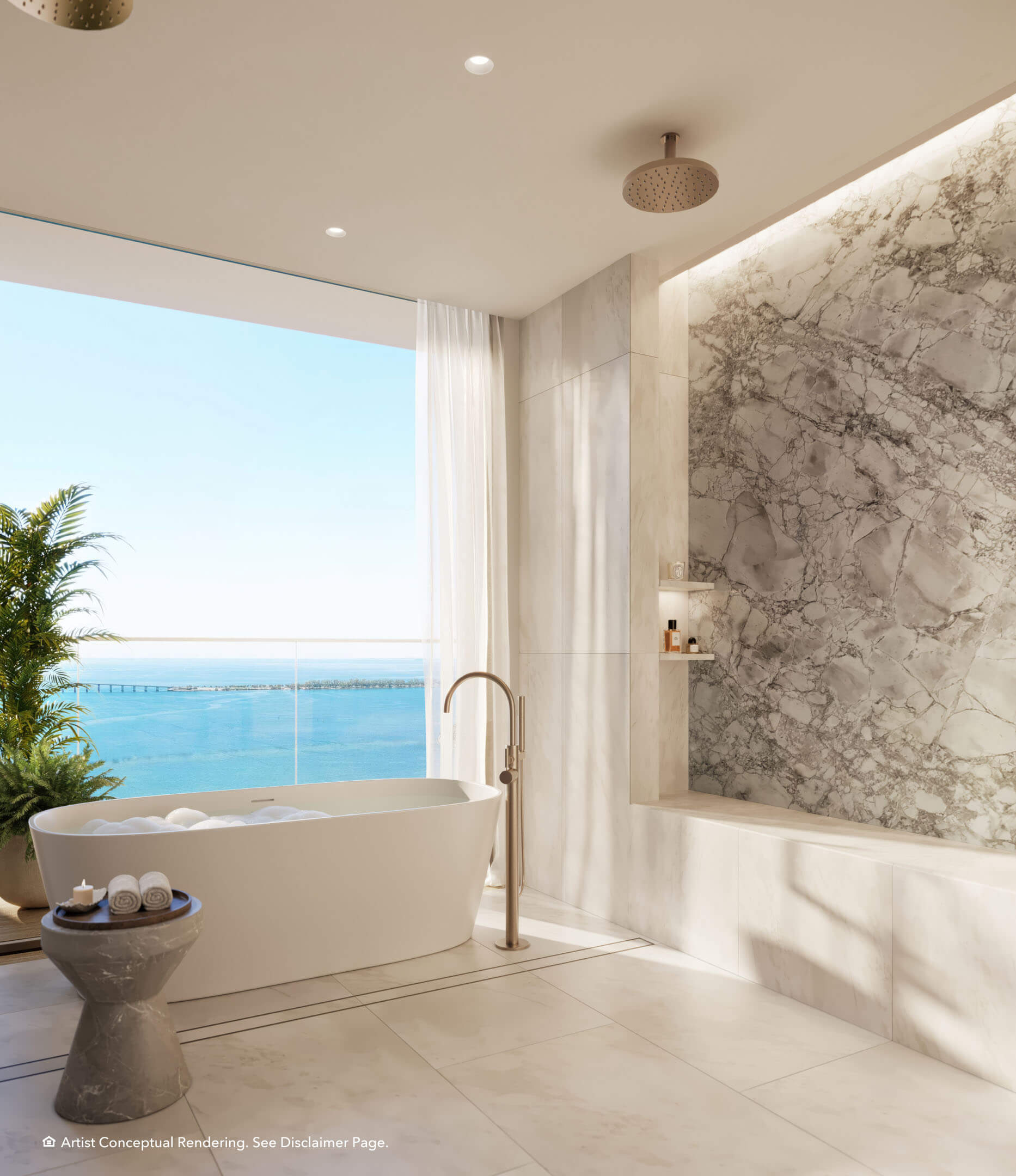 Marble bathroom at The Residences Mandarin Oriental with freestanding tub and waterfront view