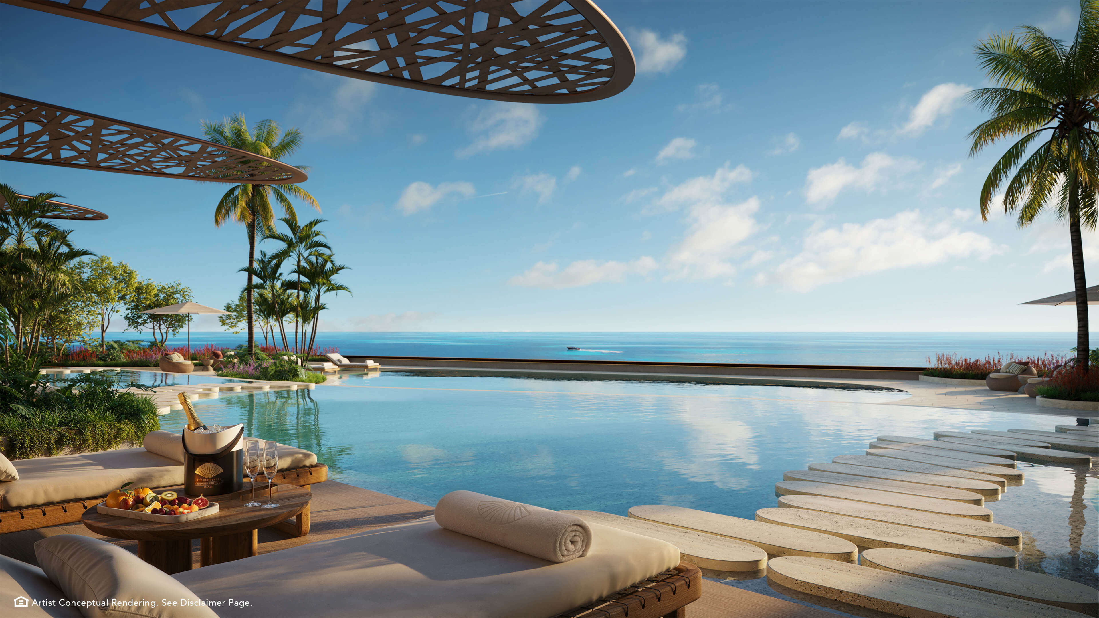 Luxury infinity pool at The Residences Mandarin Oriental Miami with panoramic water views