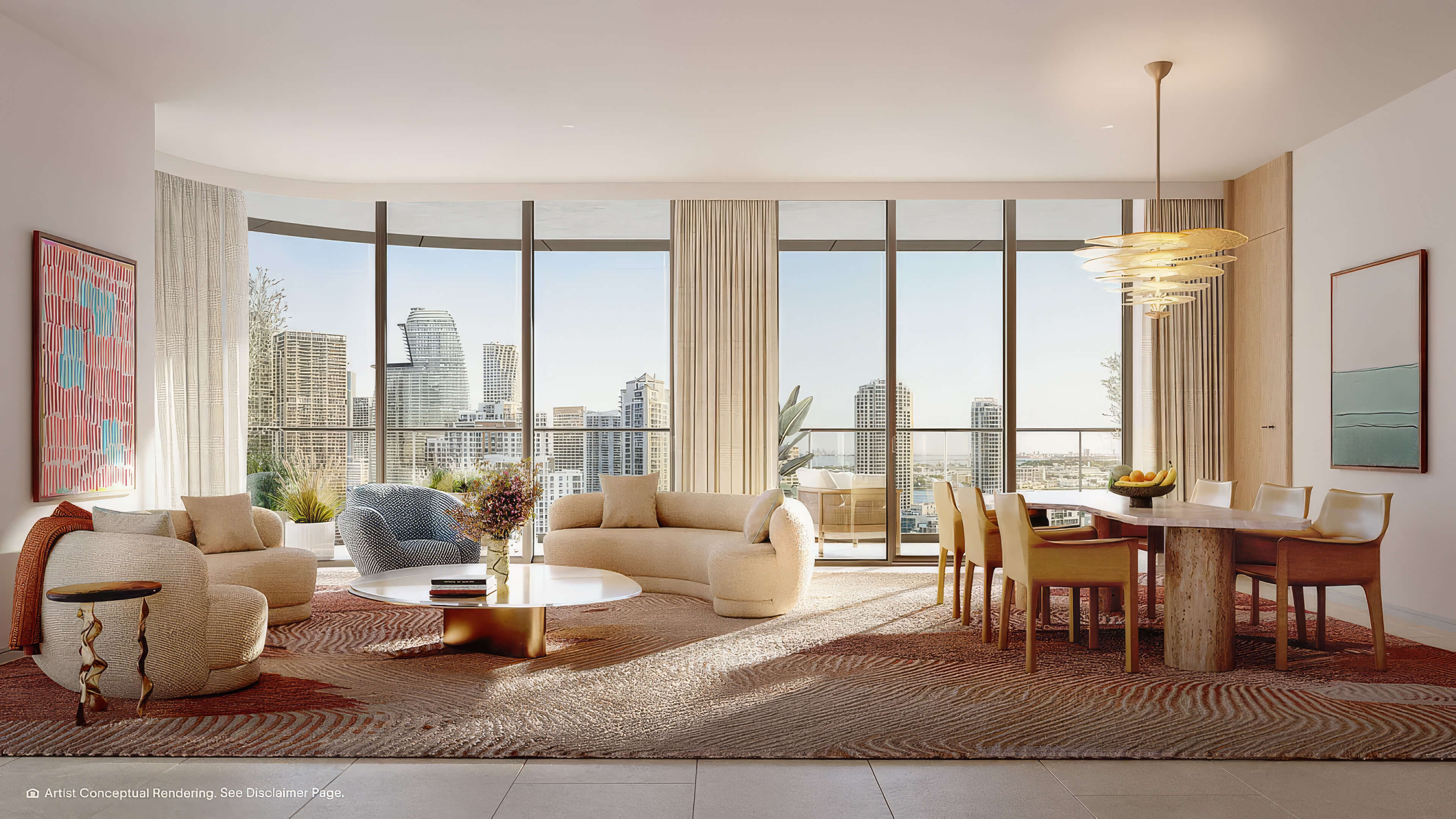 Luxury living and dining room at The Residences Mandarin Oriental Miami with skyline views