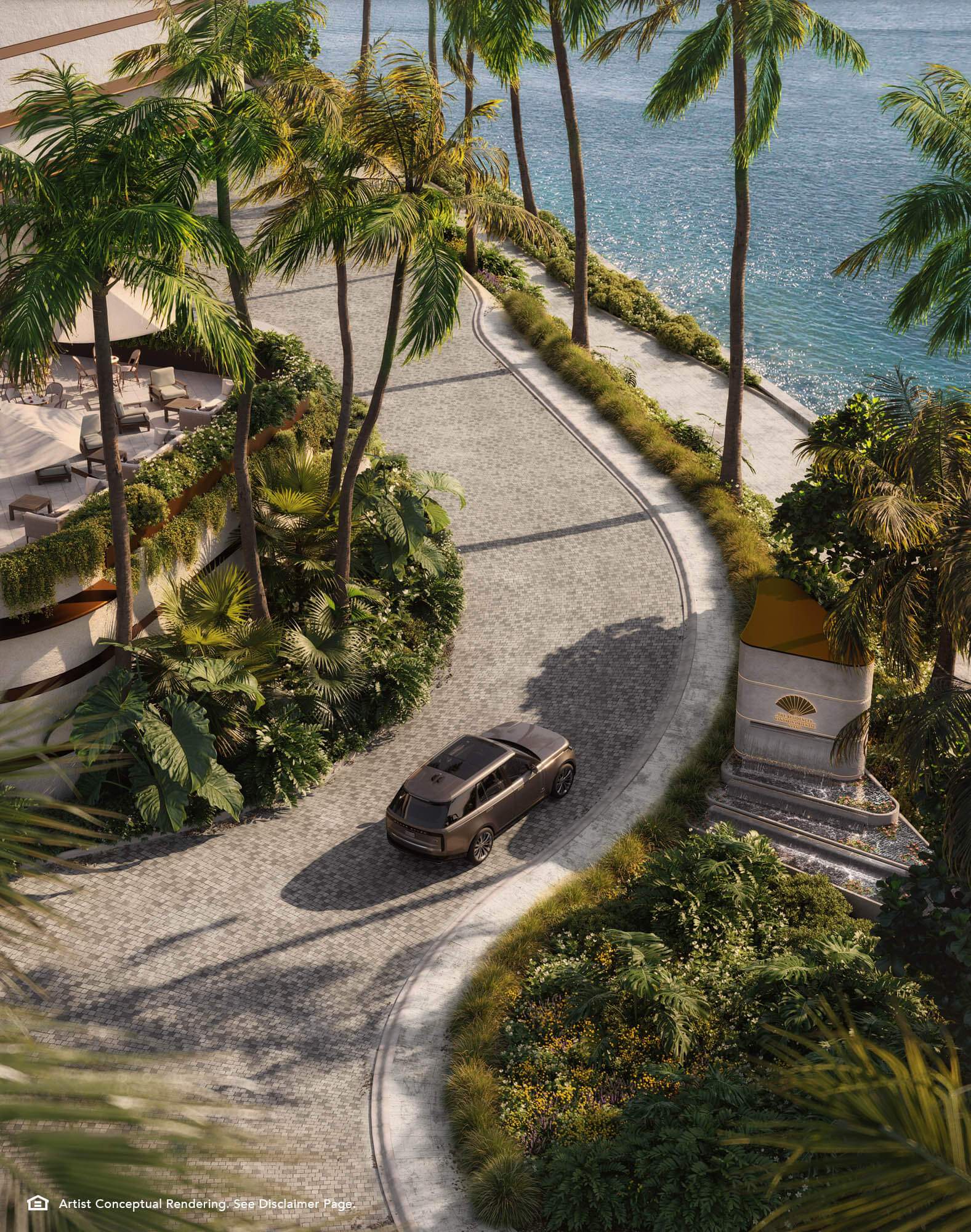 Luxury waterfront entrance at The Residences Mandarin Oriental Miami surrounded by tropical landscaping
