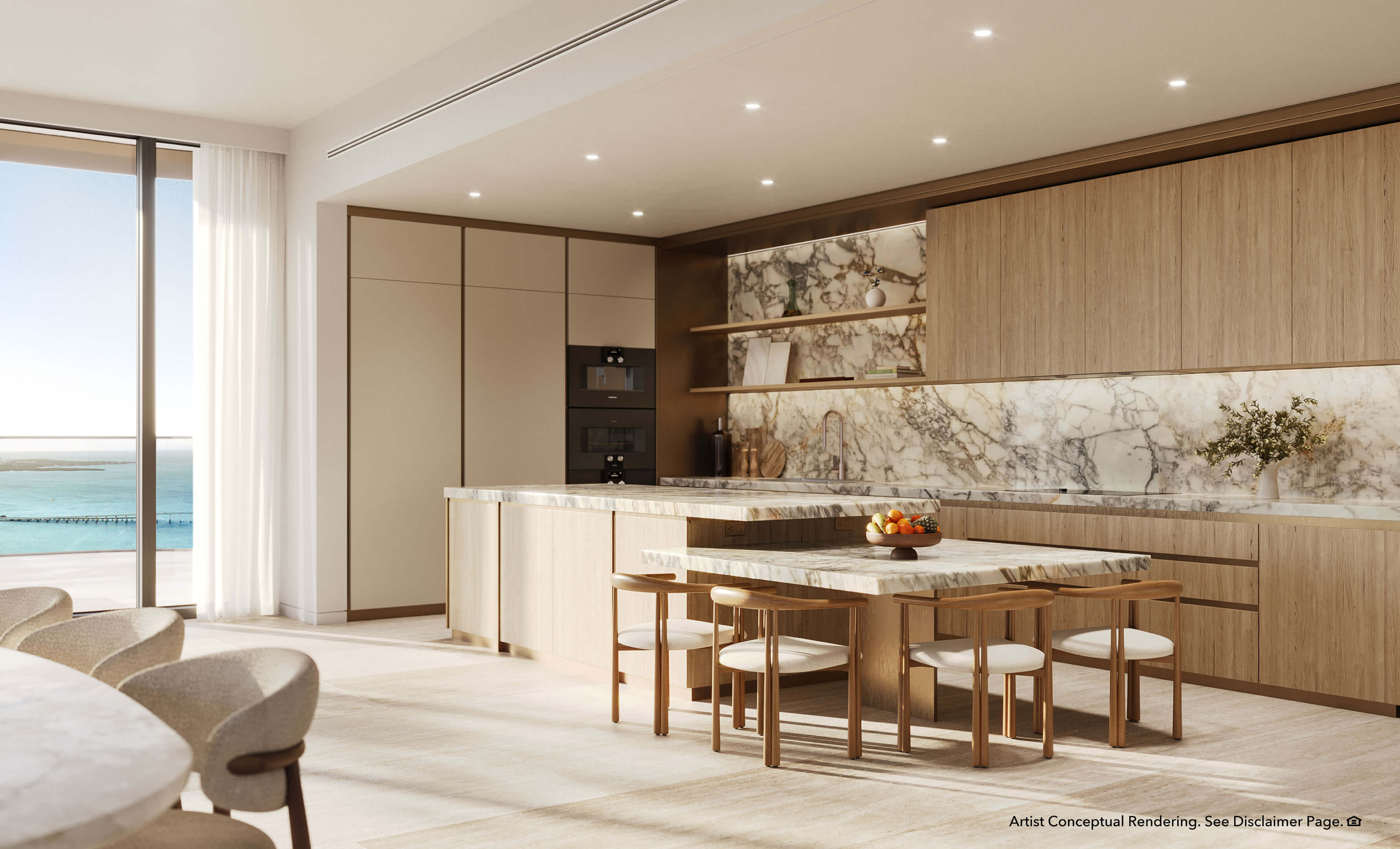 Modern marble kitchen at The Residences Mandarin Oriental Miami with waterfront views