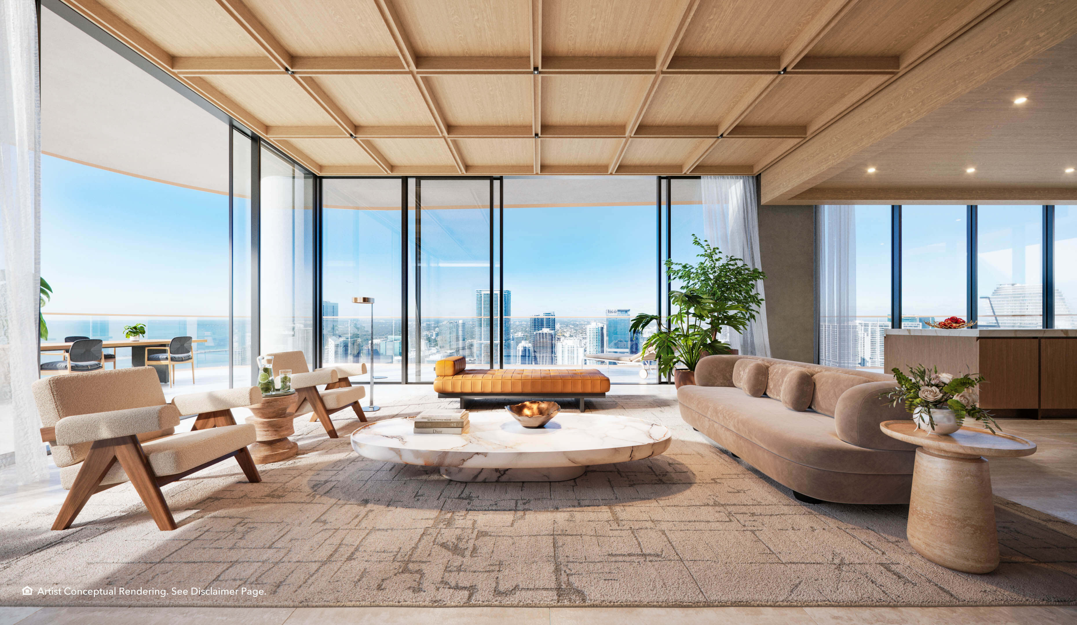Modern living room at The Residences Mandarin Oriental Miami with expansive city views