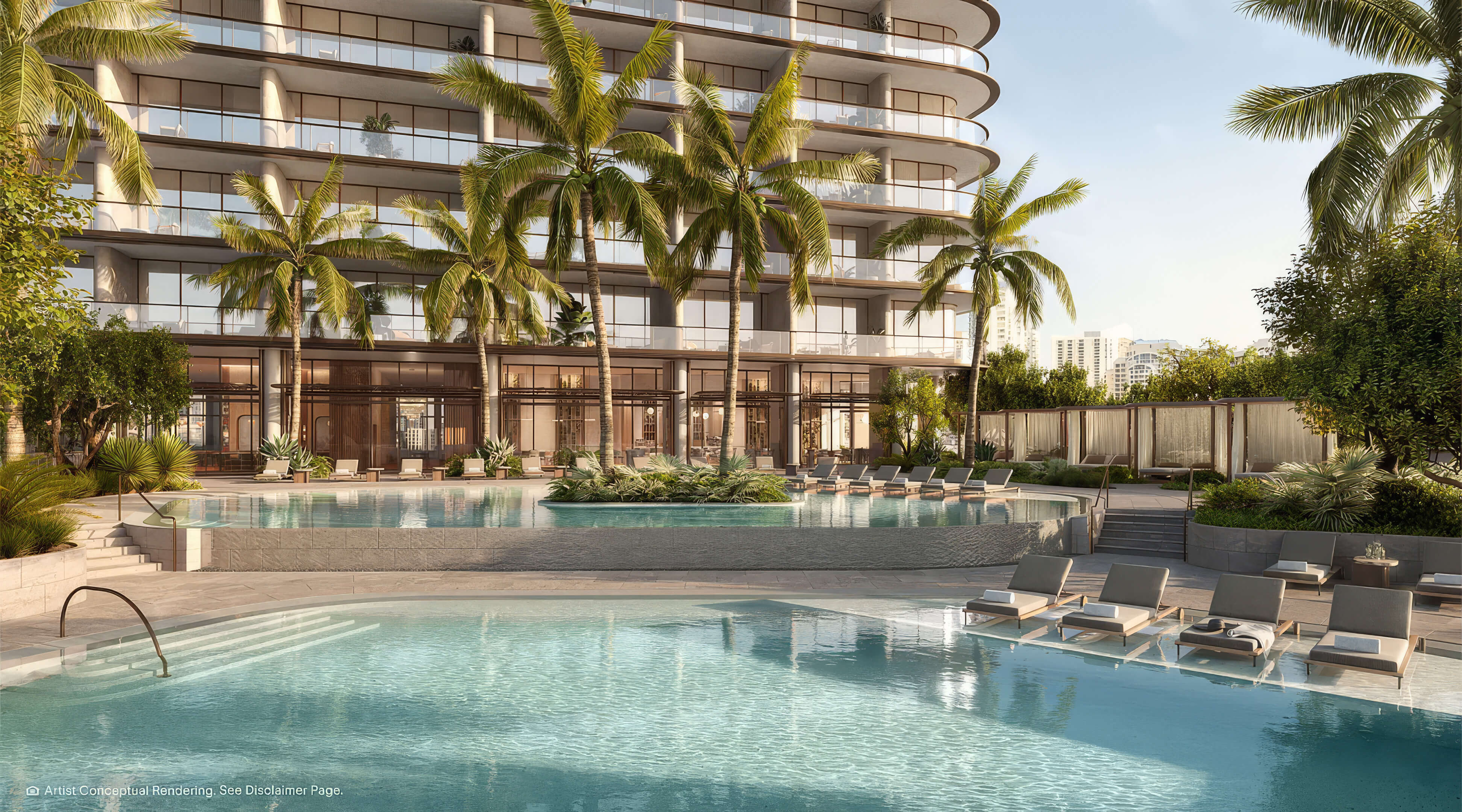 Resort-style pool at The Residences Mandarin Oriental Miami surrounded by tropical landscaping