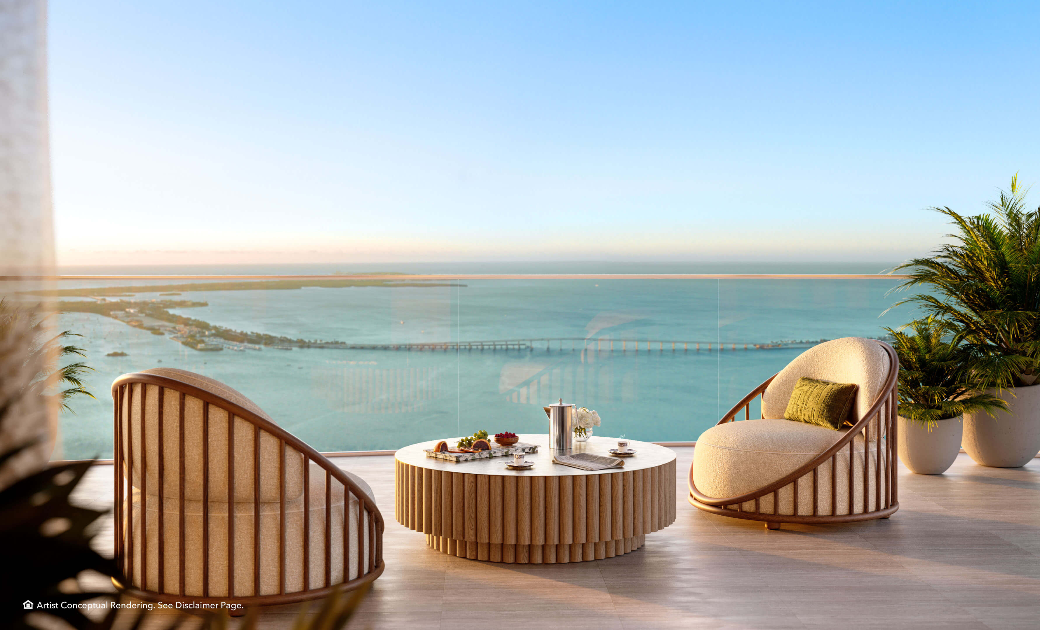 Luxury waterfront terrace at The Residences Mandarin Oriental Miami with panoramic Biscayne Bay views