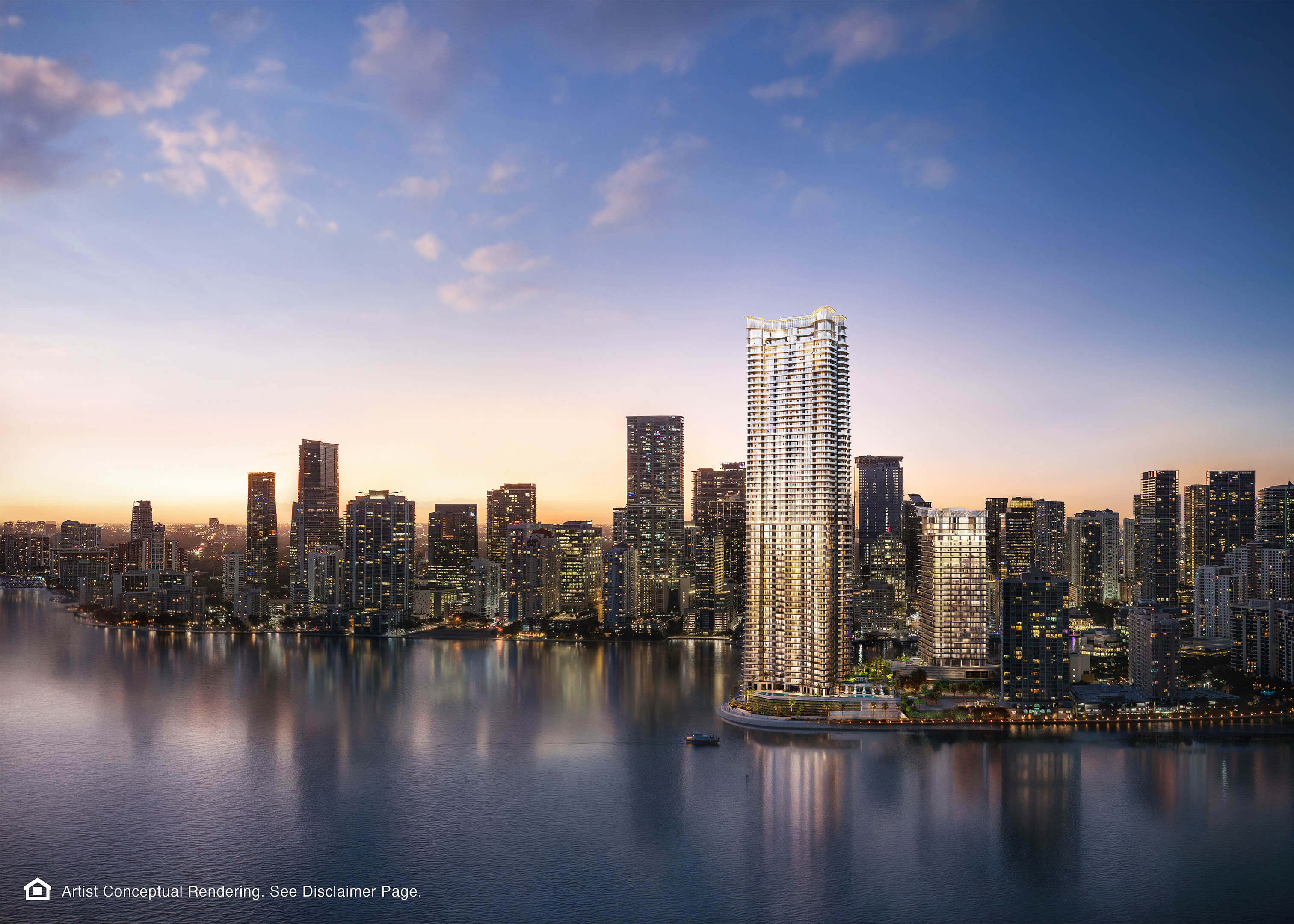 The Residences Mandarin Oriental illuminated against the waterfront skyline at sunset