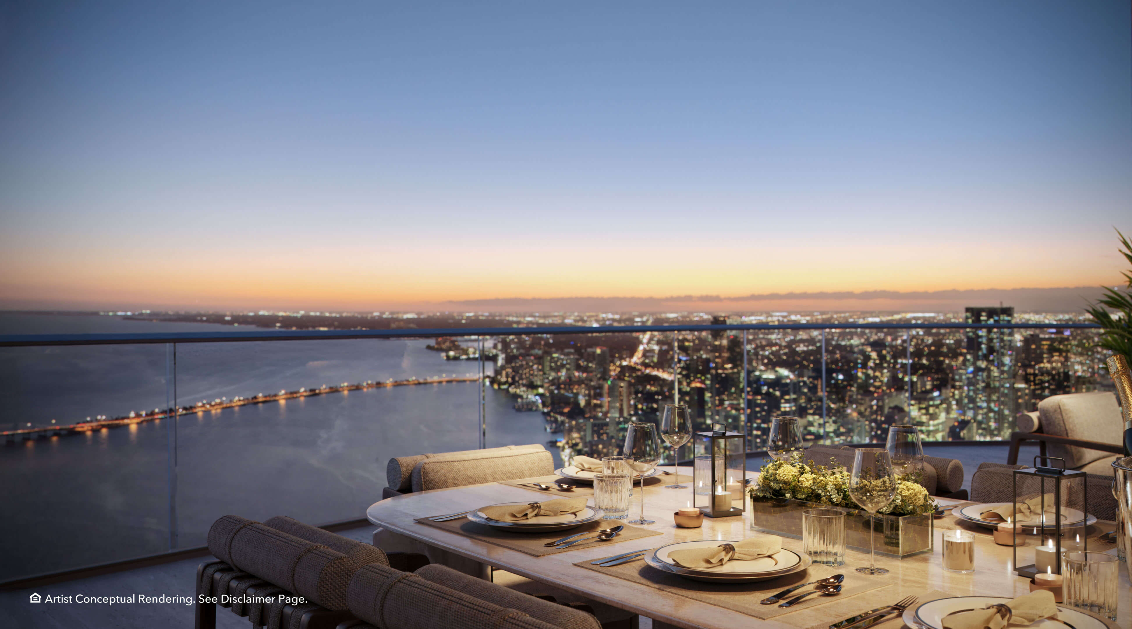 Skyline dining terrace at The Residences Mandarin Oriental with panoramic evening views