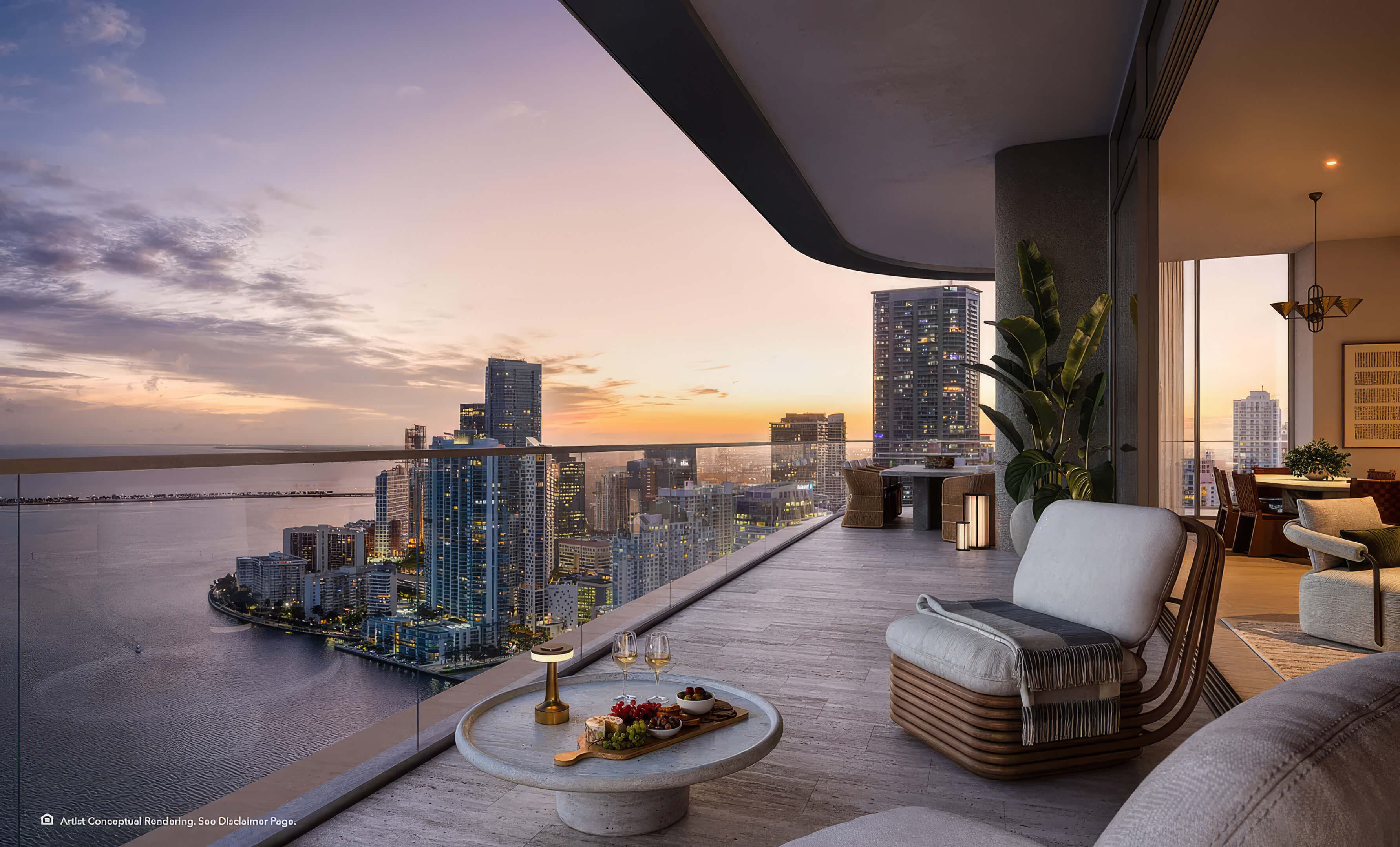 Private sunset balcony at The Residences Mandarin Oriental overlooking the Miami skyline and bay
