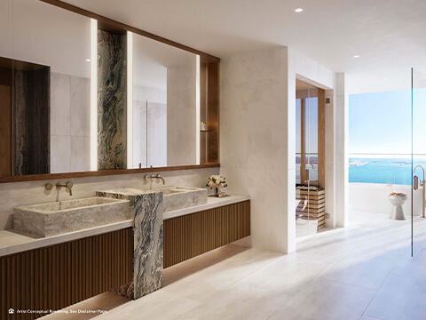 Luxury marble bathroom at The Residences Mandarin Oriental with expansive waterfront views
