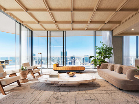 Modern living room at The Residences Mandarin Oriental Miami with expansive city views