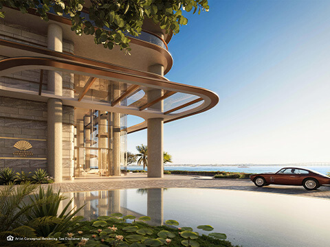 Elegant waterfront arrival at The Residences Mandarin Oriental with modern architecture and bay views