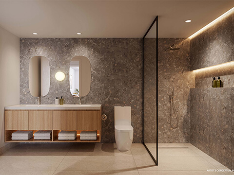 The Standard Residences Brickell bathroom with a floating vanity, paired mirrors, and glass shower enclosure