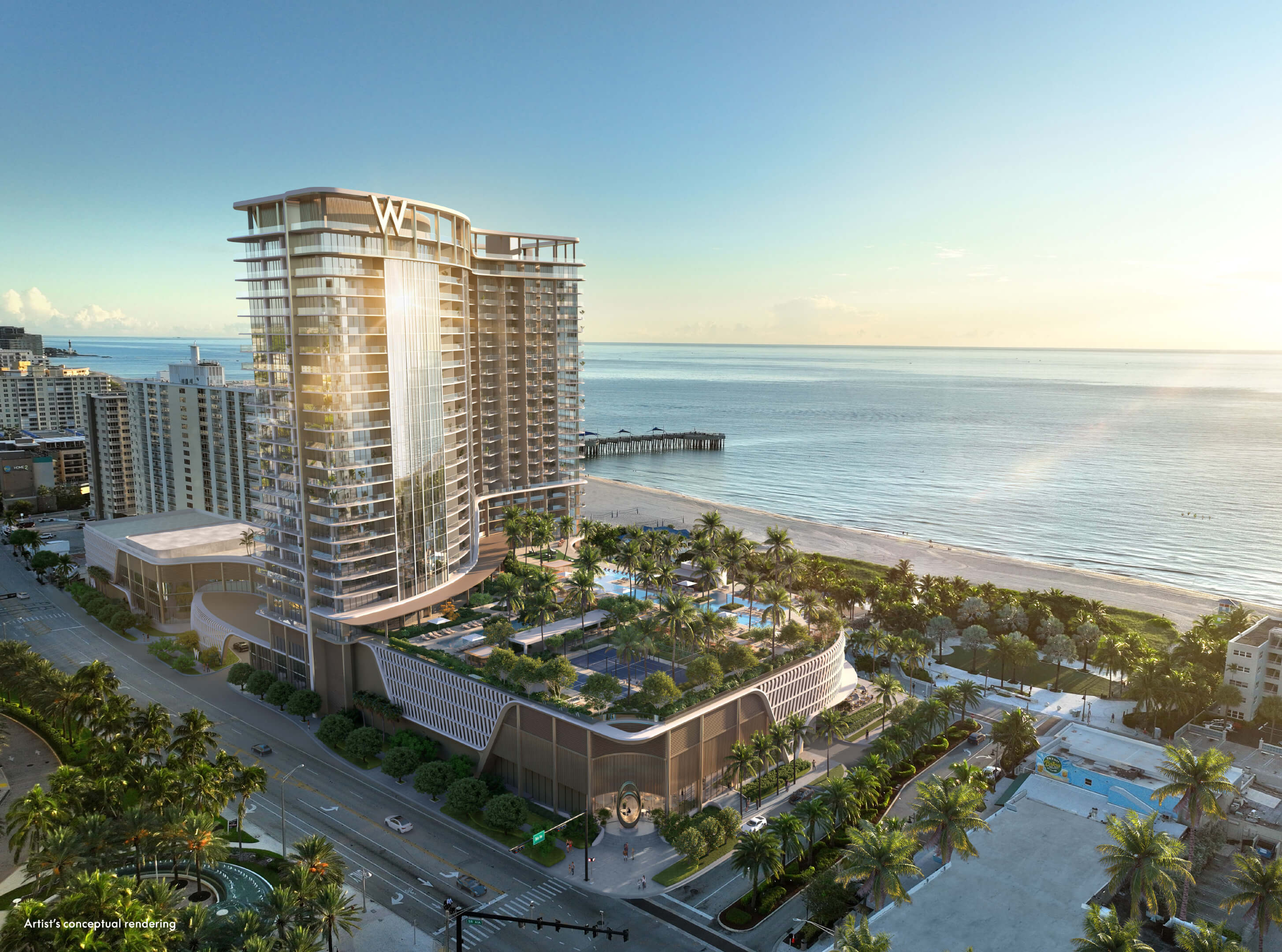 Aerial oceanfront rendering of W Pompano Beach with beach, palm trees, and pool deck