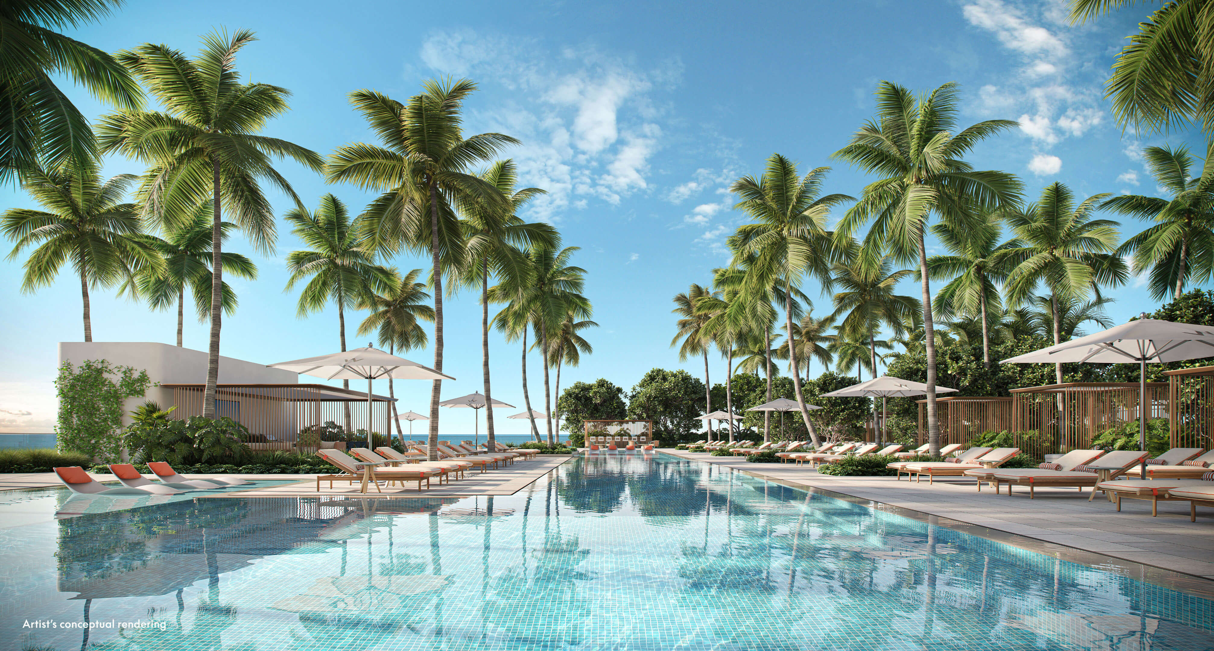 Beachfront poolside paradise at W Pompano Beach with tropical landscaping