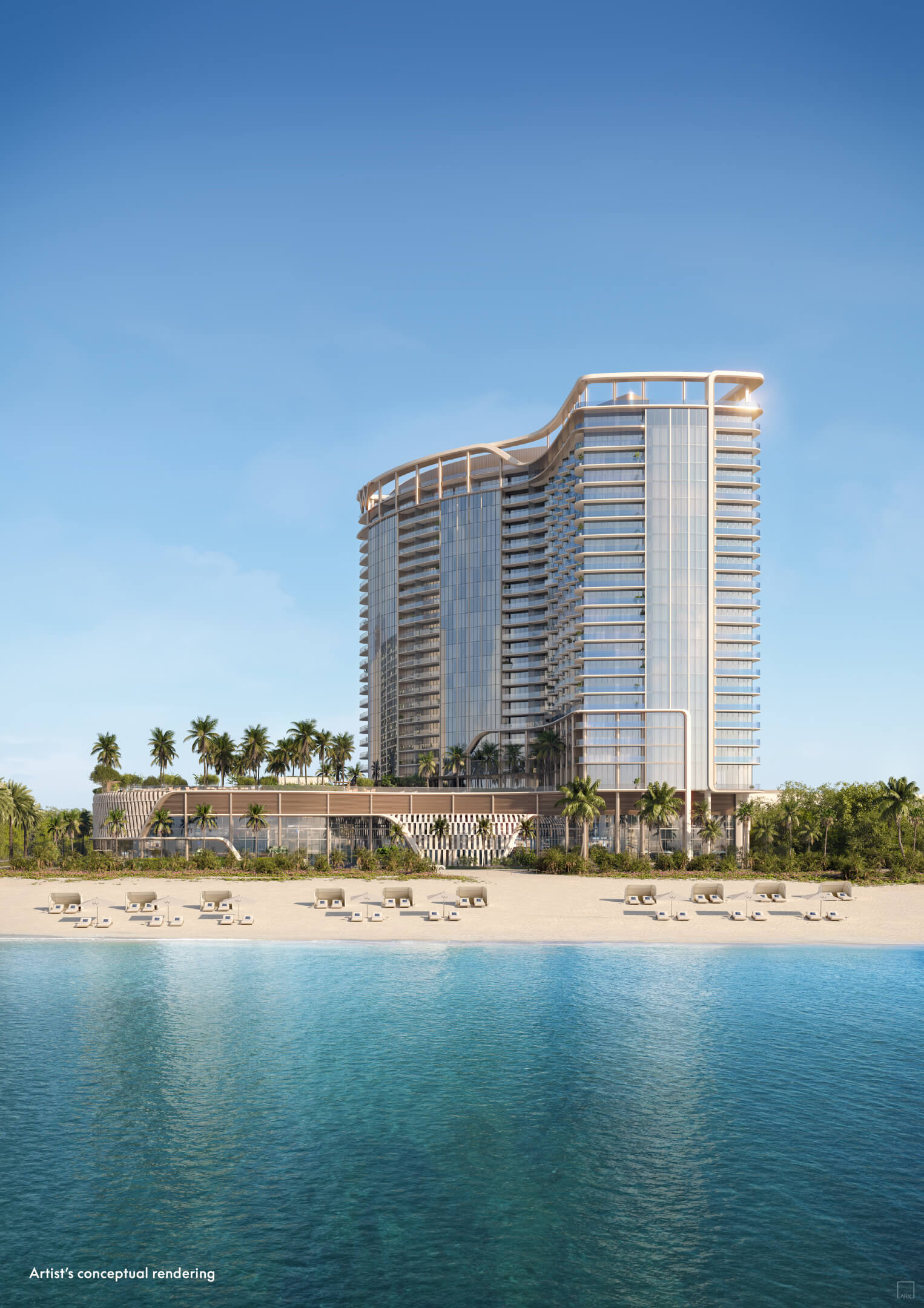 Beachfront view of W Pompano Beach luxury tower with ocean and palm trees