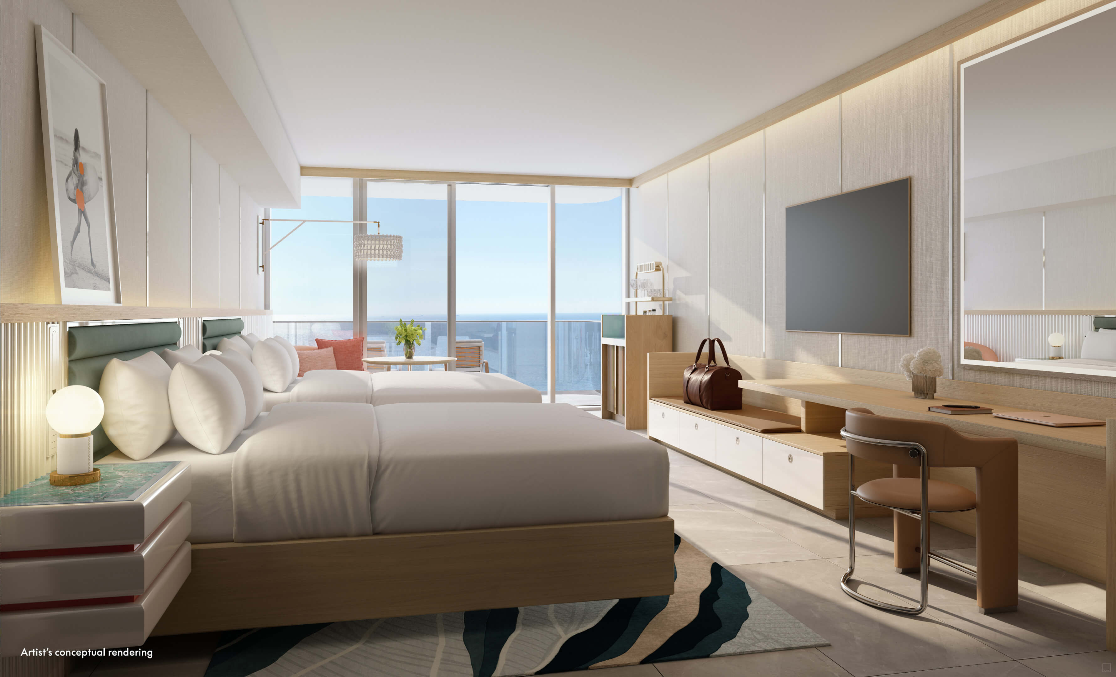 Bright double bed suite at W Pompano Beach with balcony and ocean view