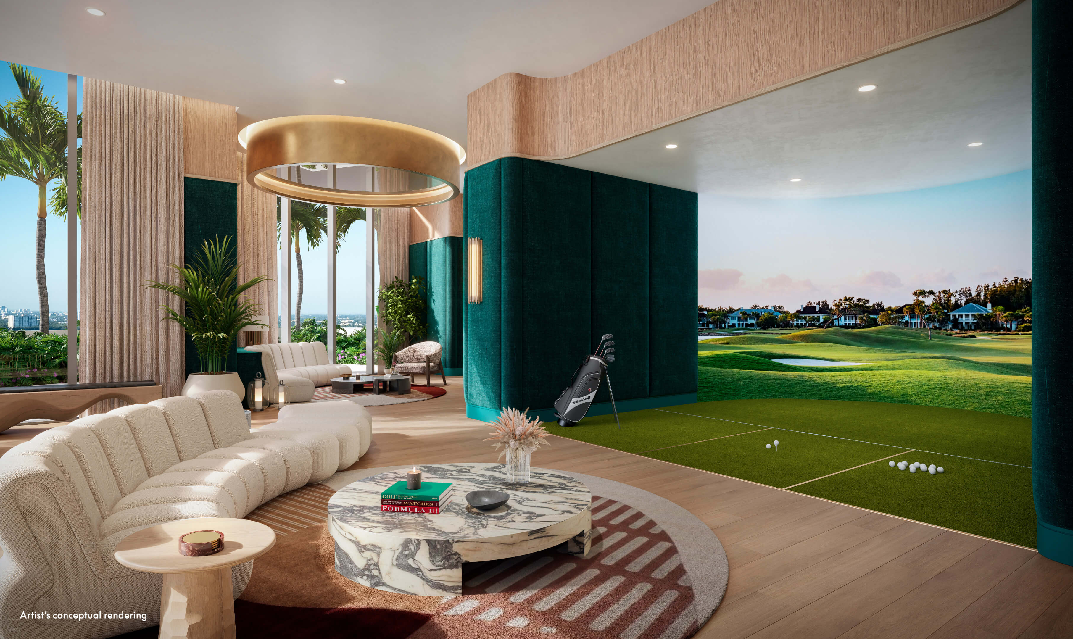 Exclusive golf simulator and lounge area at W Pompano Beach with elegant seating