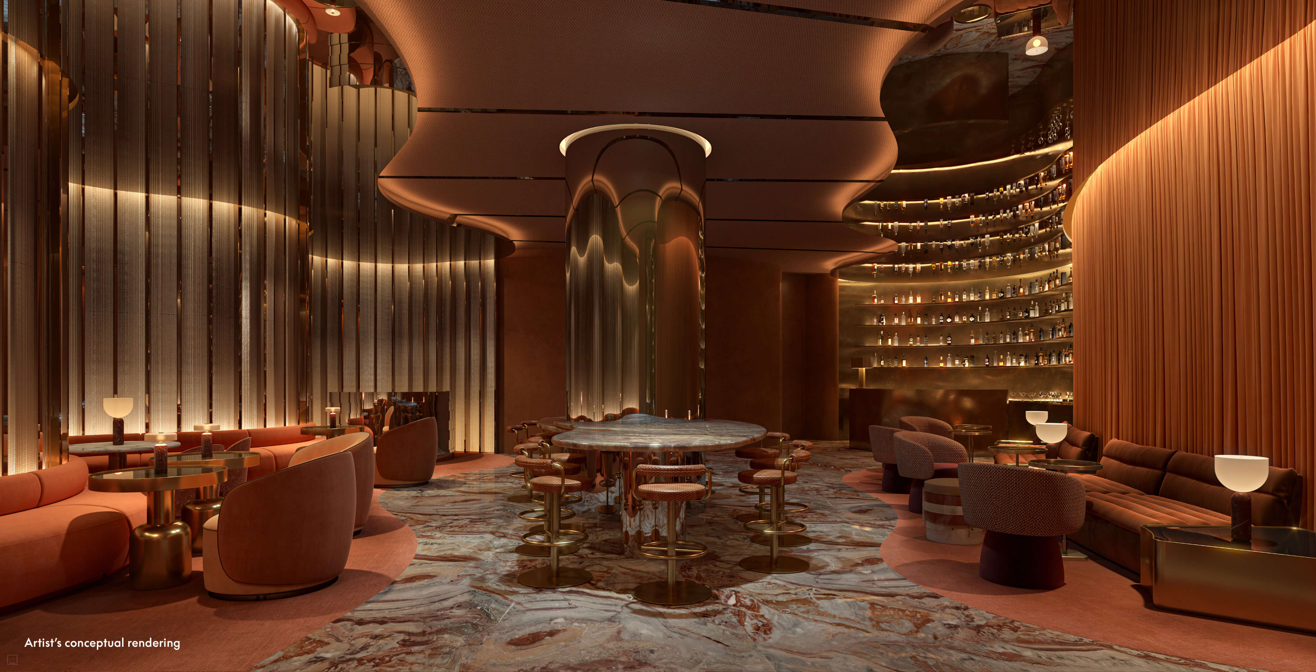 Elegant speakeasy bar interior at W Pompano Beach with rich tones and layered lighting